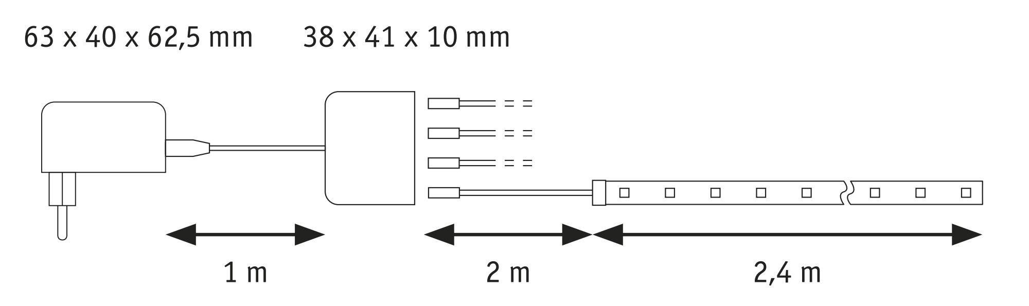 Technische Zeichnung eines LED-Streifen mit Netzteil und Kabeln, Maße 63x40x62,5 mm und 38x41x10 mm