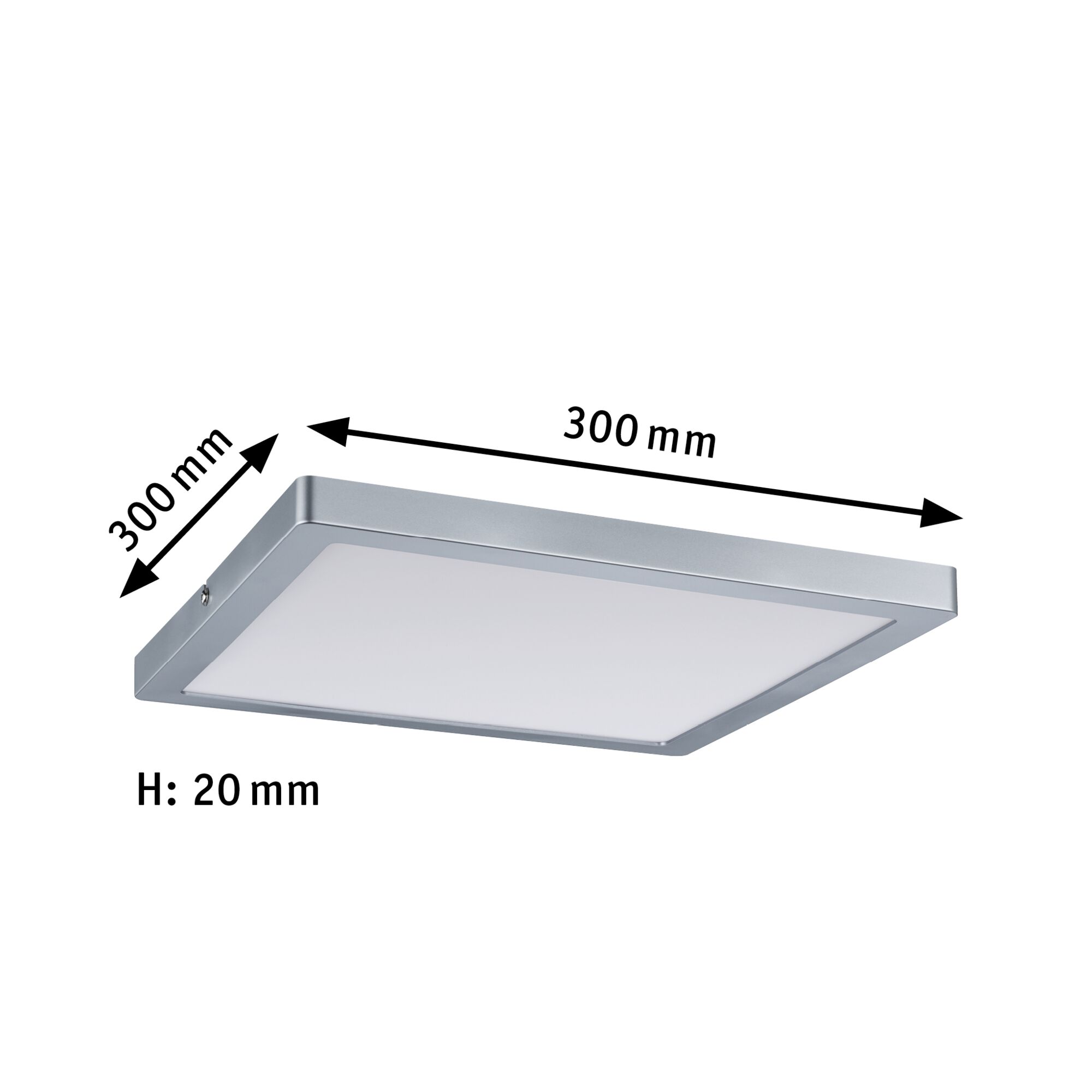 Quadratische Deckenleuchte aus silbernem Metall mit weißem Diffusor, 300x300 mm, LED Licht