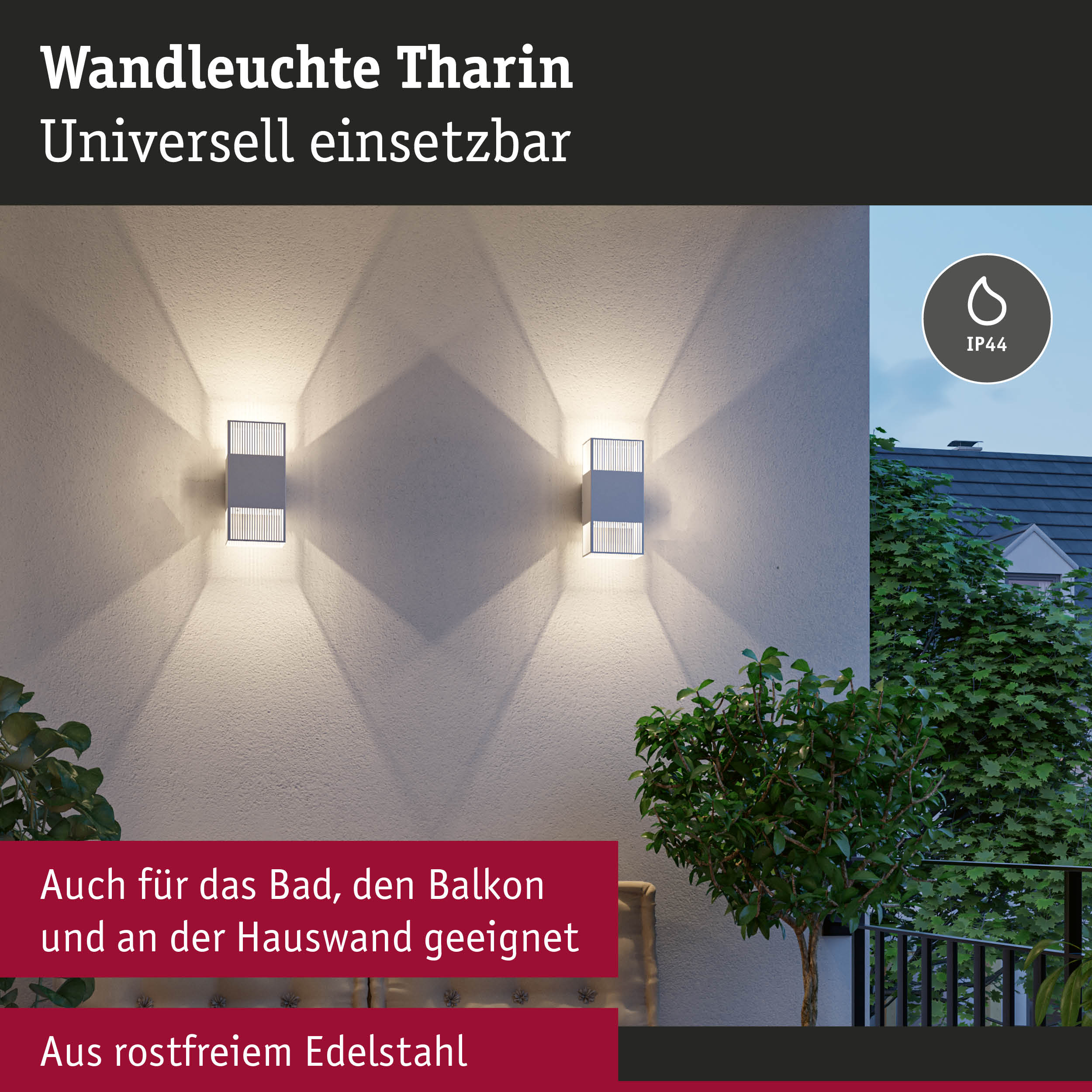 Wandleuchte Tharin aus rostfreiem Edelstahl in Weiß, universell einsetzbar mit IP44 Schutz für Bad und Balkon