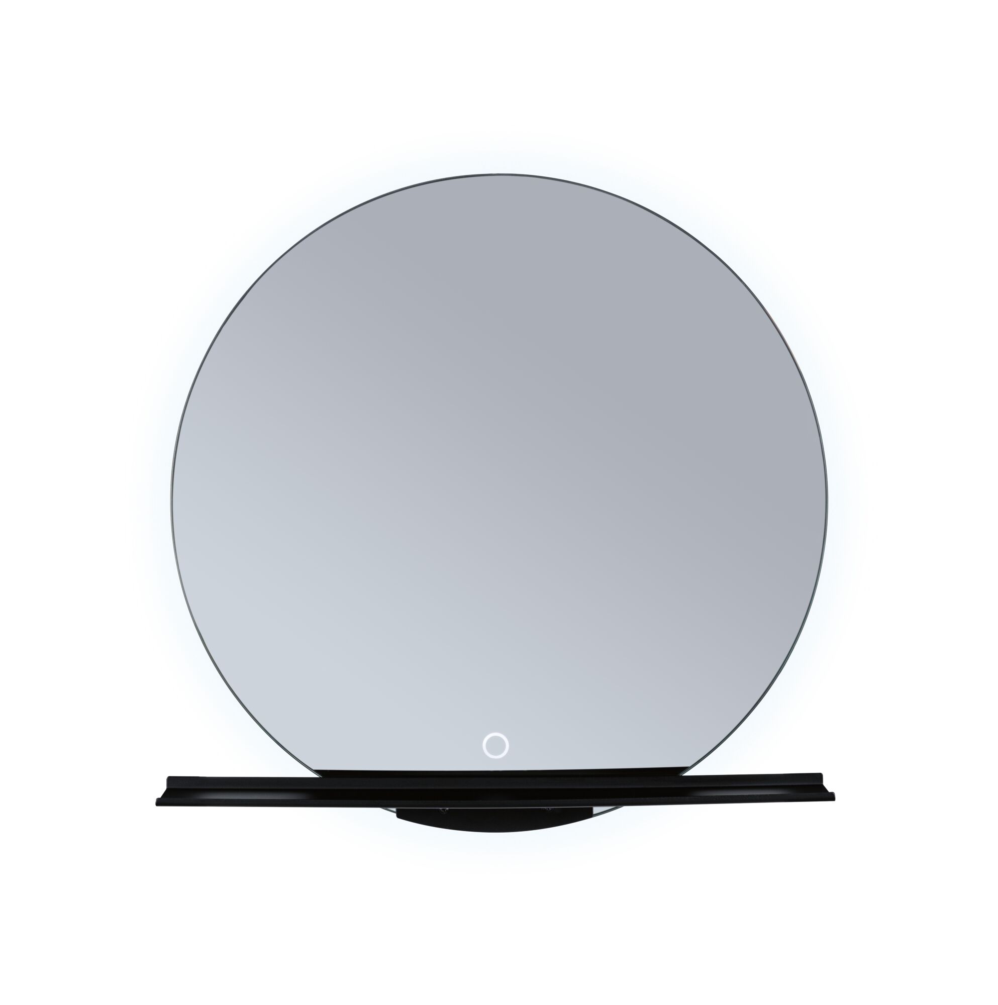 Round wall mirror with black shelf and LED lighting for modern home decor