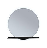 Round wall mirror with black shelf and LED lighting for modern home decor