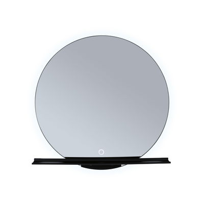 Round wall mirror with black shelf and LED lighting for modern home decor