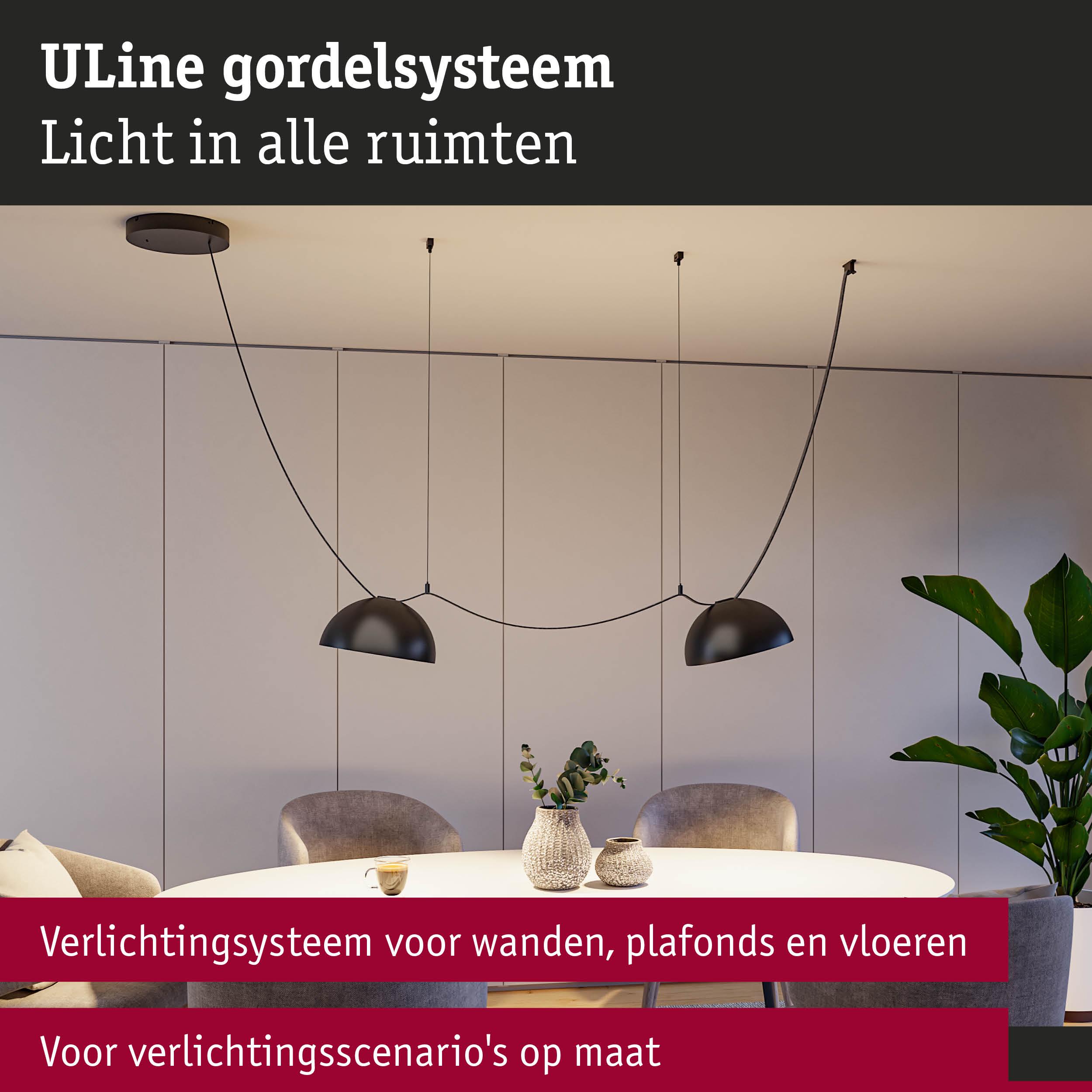 Zwart ULine gordelsysteem met twee hanglampen boven ronde eettafel in moderne kamer