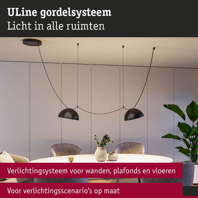 Zwart ULine gordelsysteem met twee hanglampen boven ronde eettafel in moderne kamer
