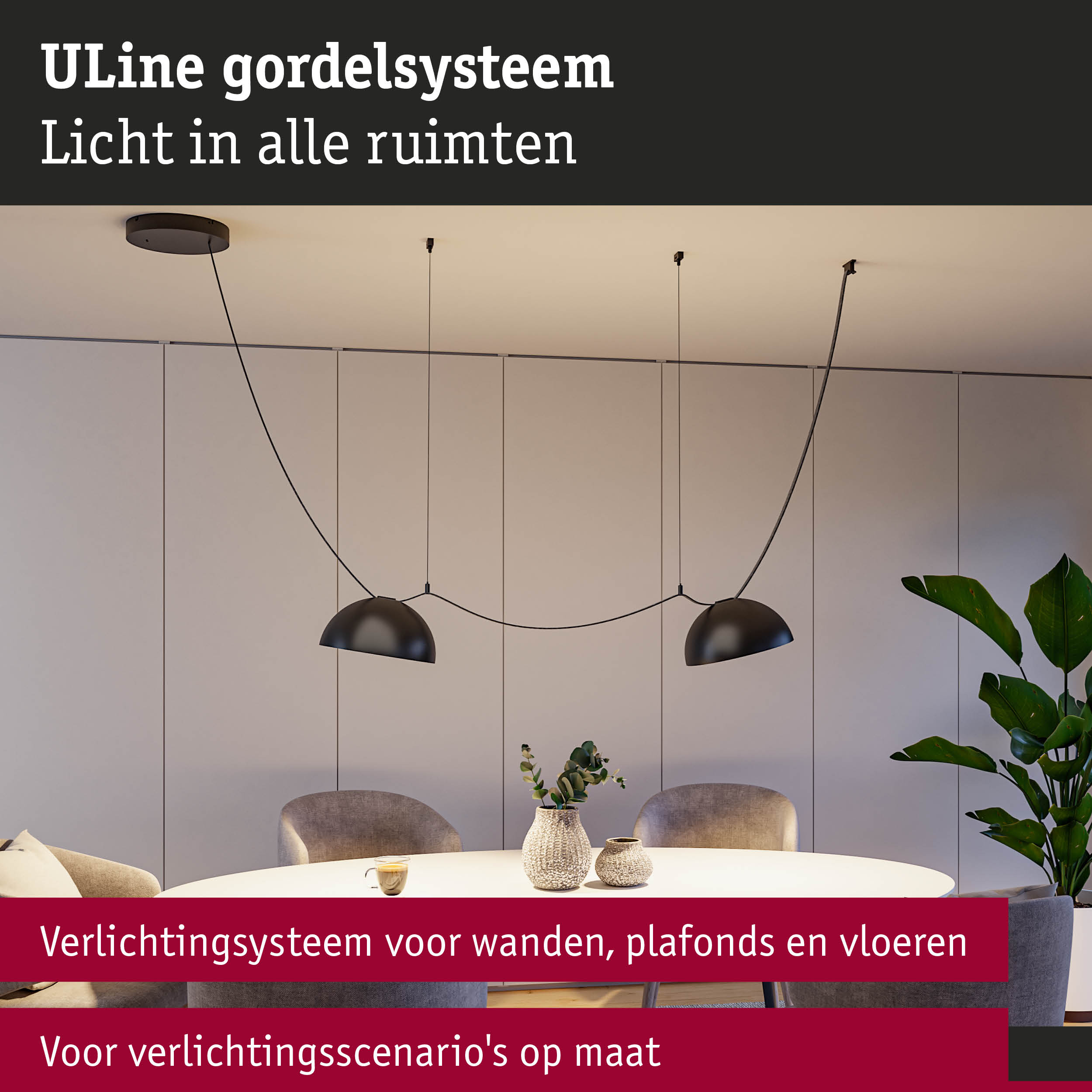 Modern zwart ULine hangverlichtingssysteem boven eettafel met planten en vazen