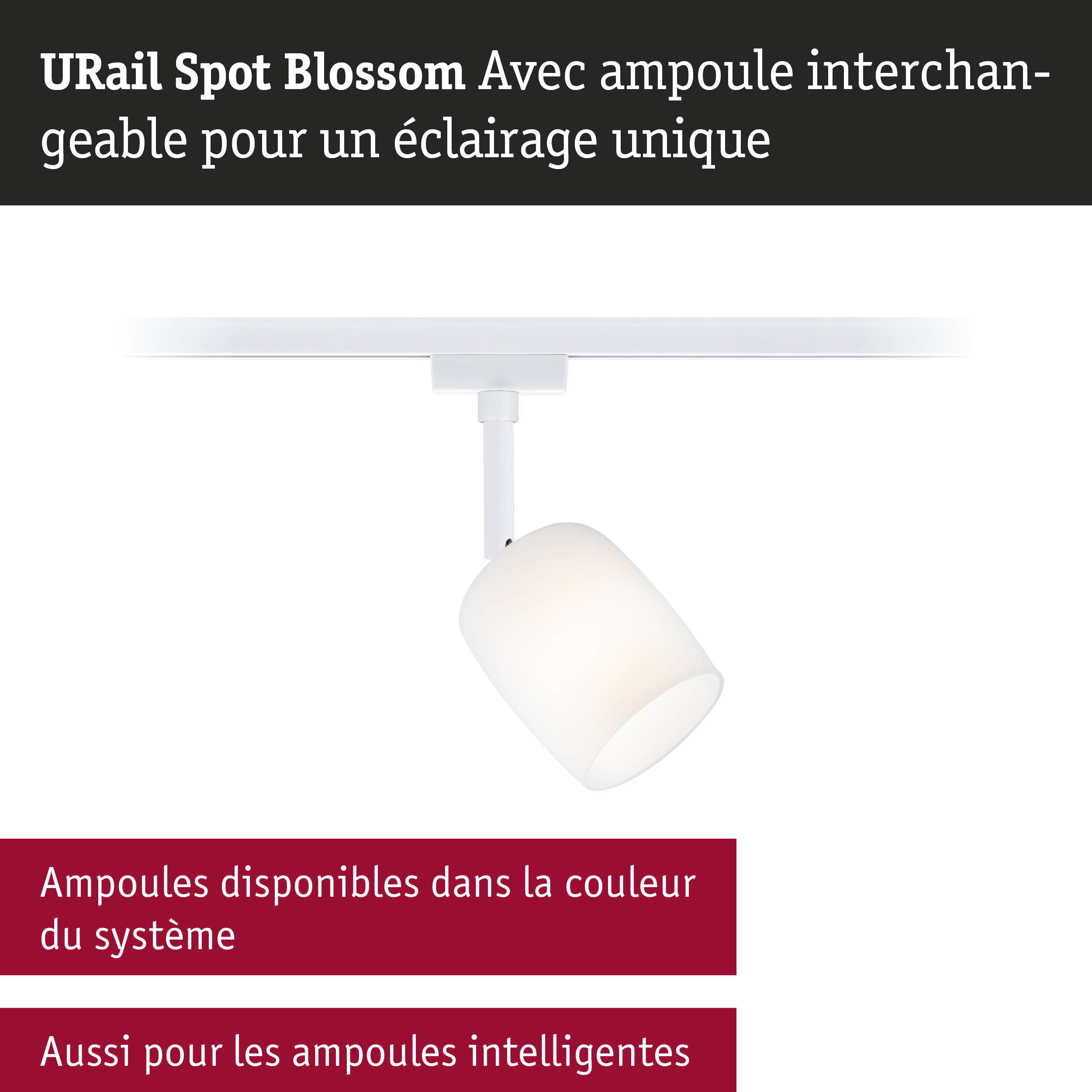 Spot URail Blossom blanc avec ampoule interchangeable pour éclairage LED sur rail flexible