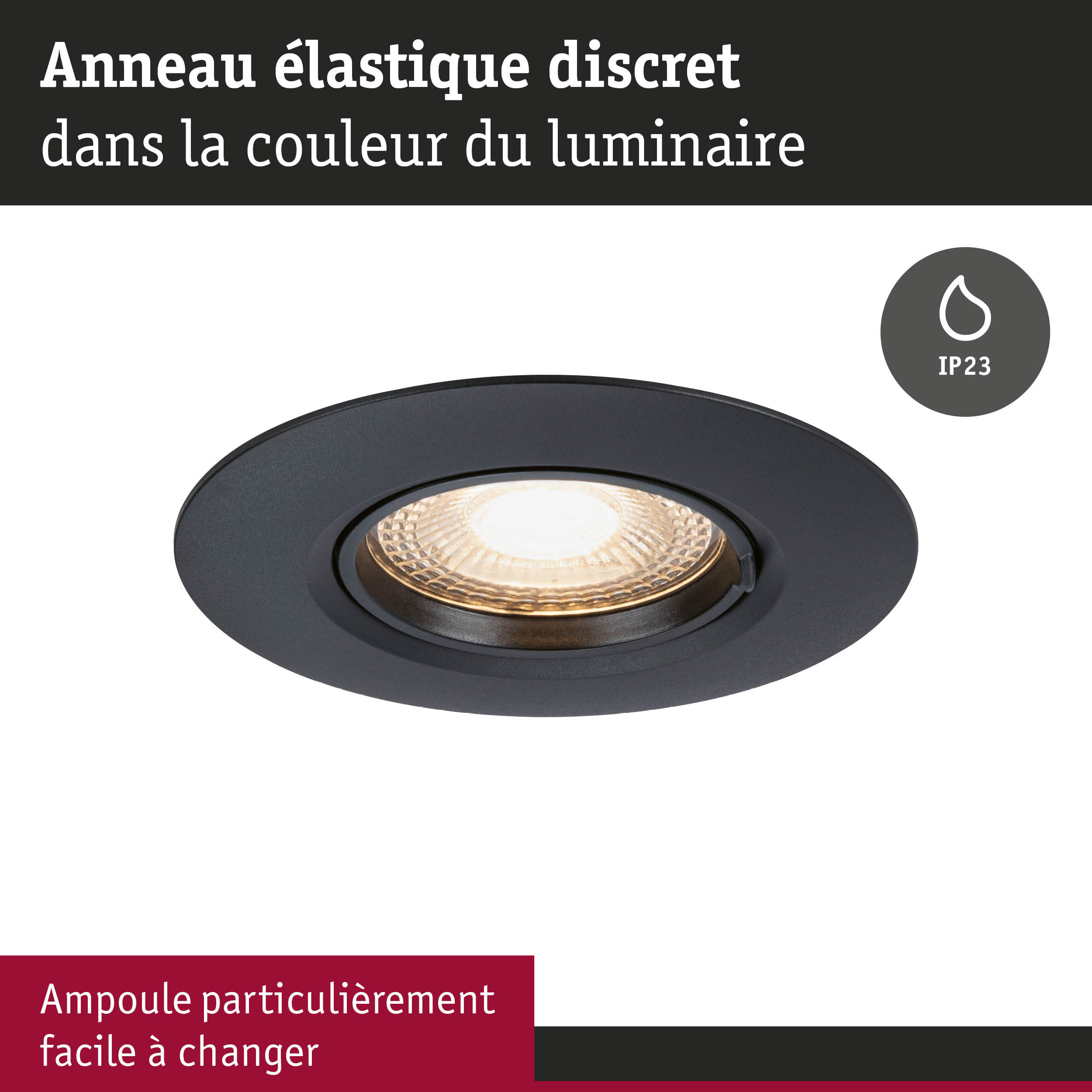 Spot encastré noir avec anneau élastique et indice IP23, lampe LED pour pièces humides