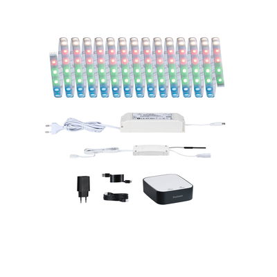 Meer-kleurige LED-strip met voeding en bedieningsunit in wit en zwart voor slimme verlichting