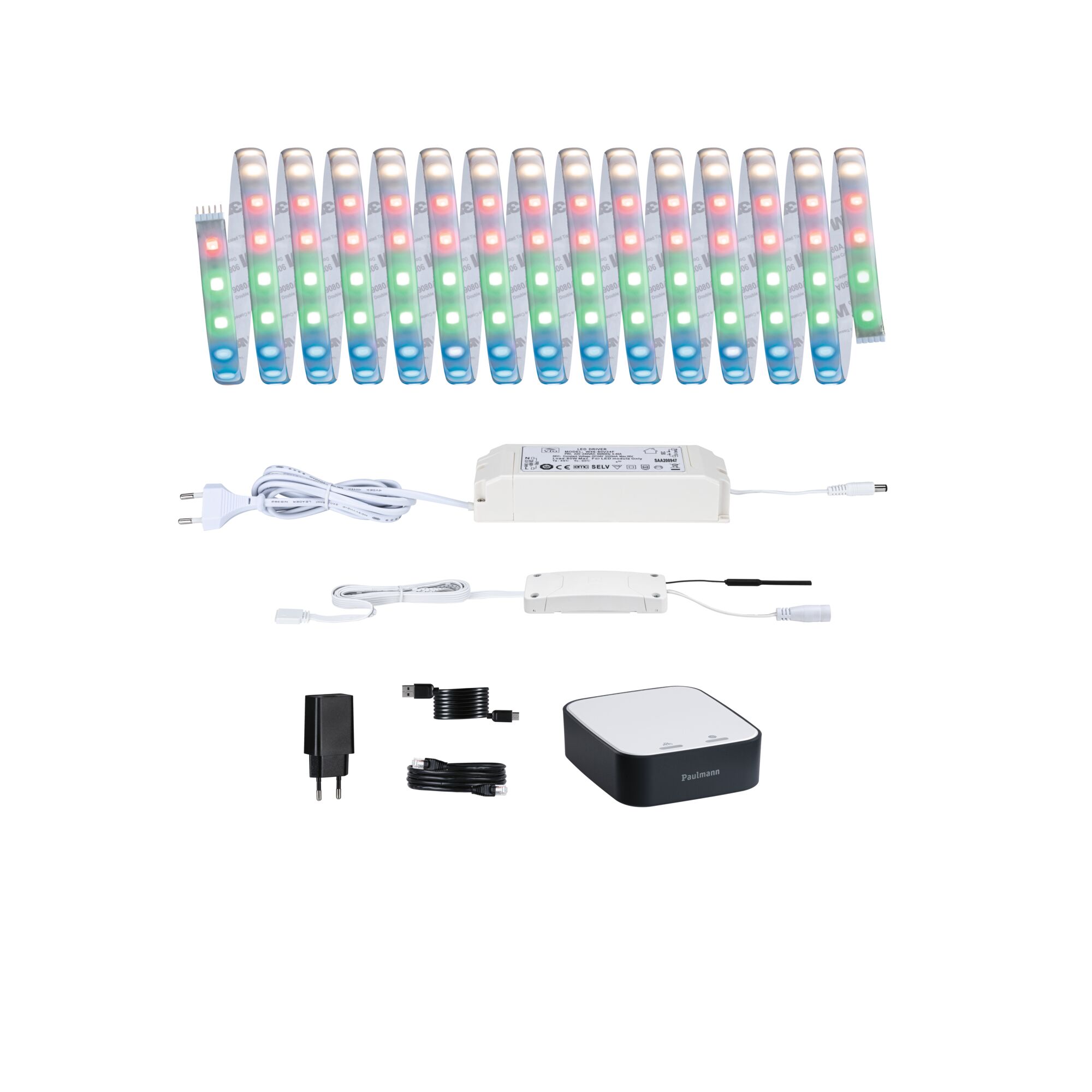 Bande LED multicolore avec alimentation et unité de contrôle blanche et noire pour éclairage intelligent