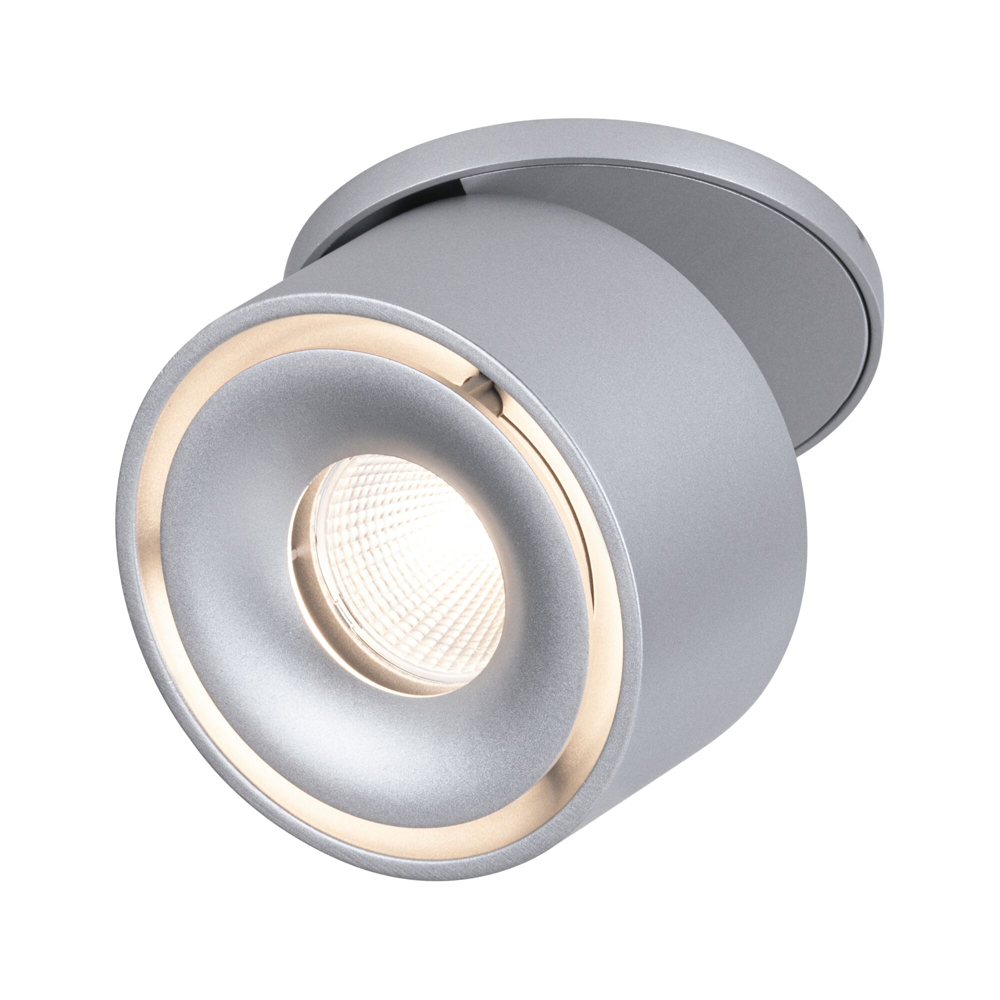 Runder LED-Deckenstrahler aus silbernem Aluminium mit warmweißem Licht für moderne Innenräume