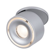 Runder LED-Deckenstrahler aus silbernem Aluminium mit warmweißem Licht für moderne Innenräume