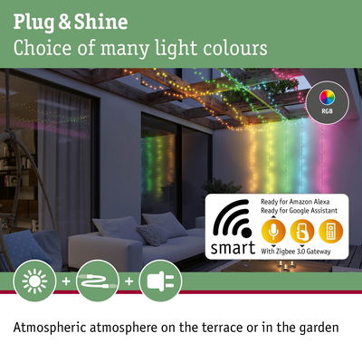 RGB string lights on terrace creating atmosphere with smart Zigbee 3.0 gateway compatible with Alexa and Google