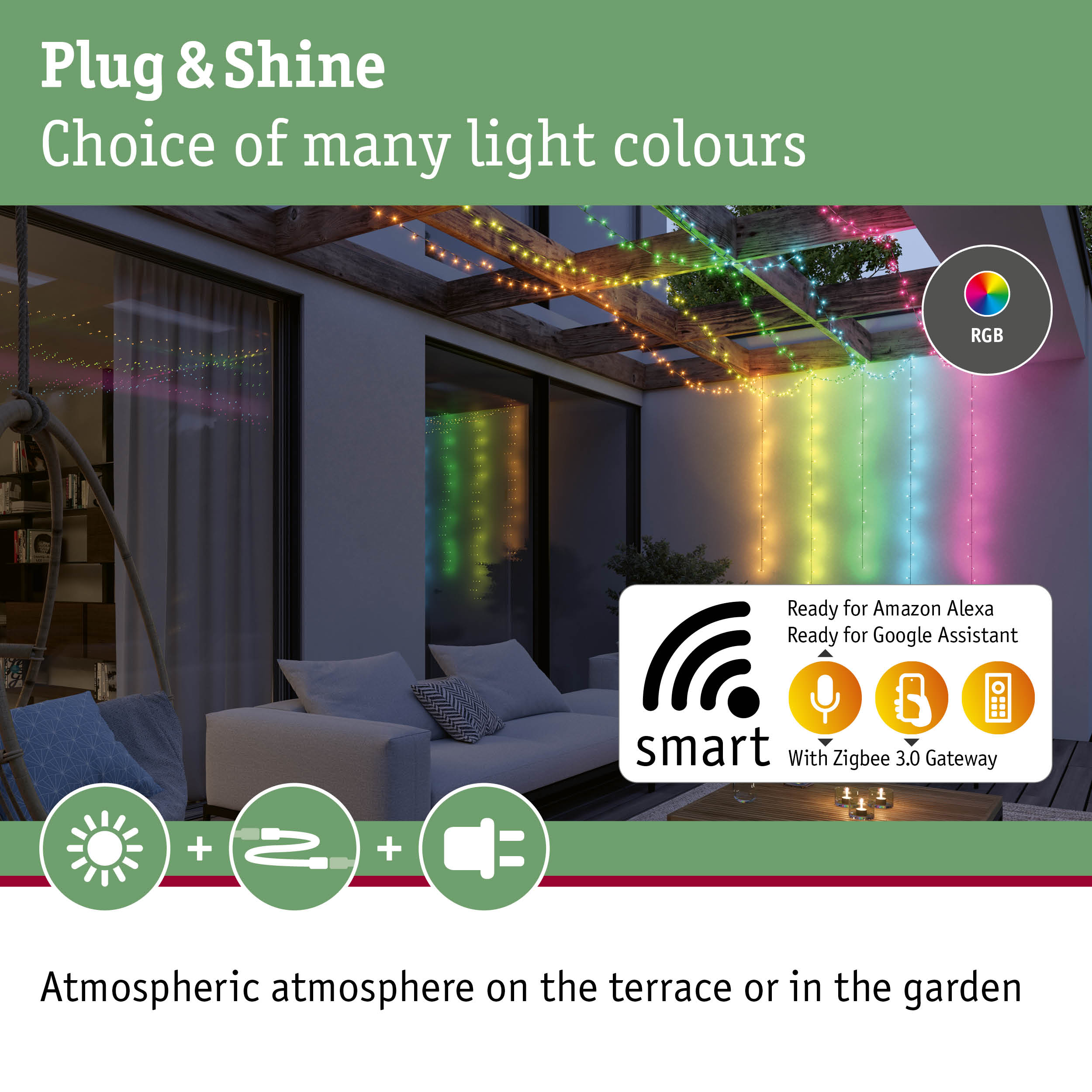 RGB LED string lights in multiple colours for terrace and garden with smart control and Zigbee gateway