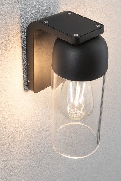 Applique murale extérieure noire en métal avec verre transparent et ampoule LED visible pour éclairage de jardin