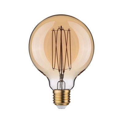 Round LED bulb with amber glass and visible filament for decorative lighting and warm ambiance