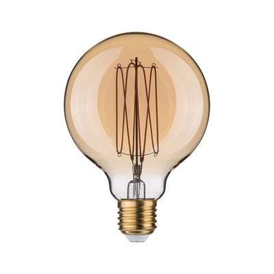 Round LED bulb with amber glass and visible filament for decorative lighting and warm ambiance