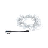 White LED string lights with round bulbs and black connector cable for decorative lighting use