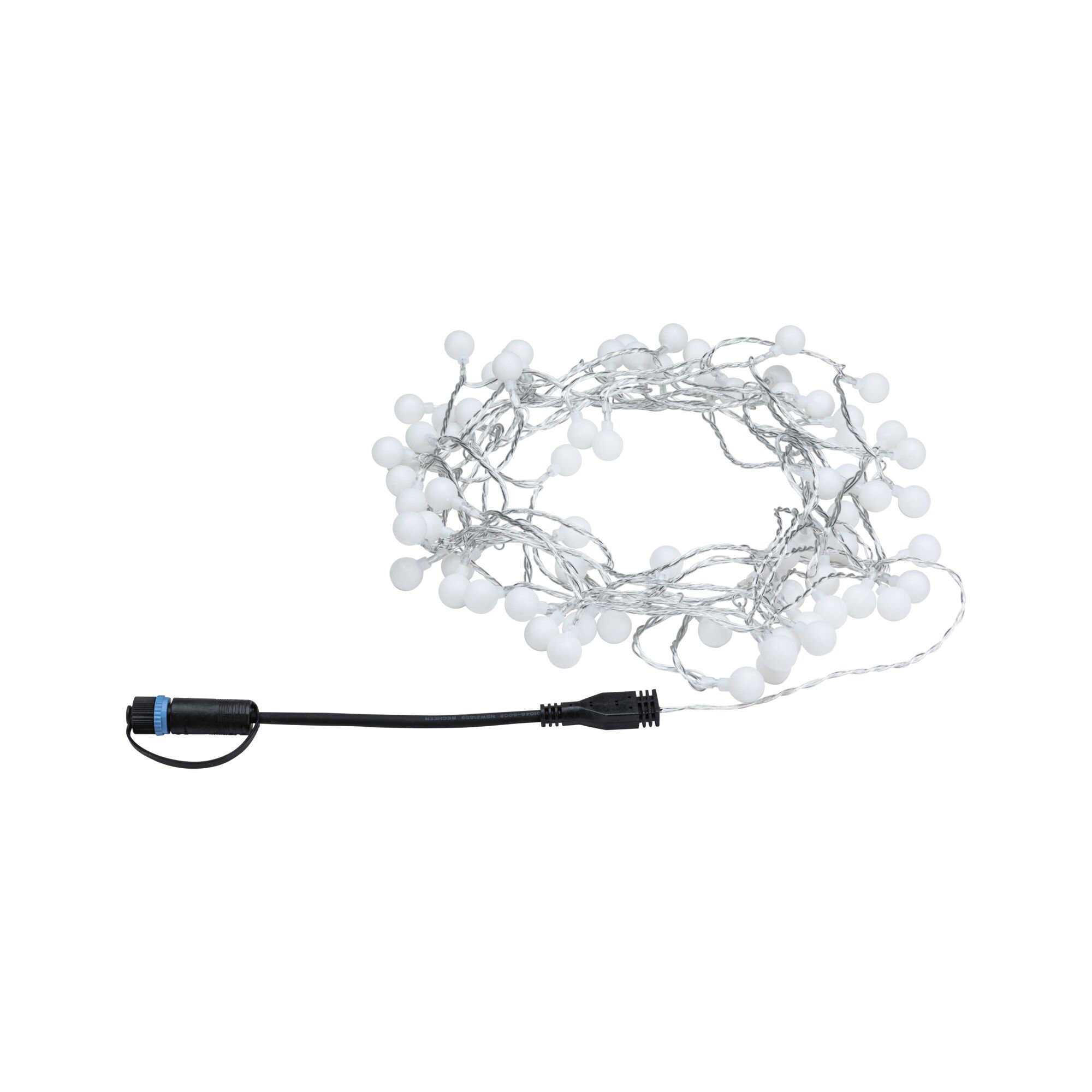 White LED string lights with round bulbs and black connector cable for decorative lighting use