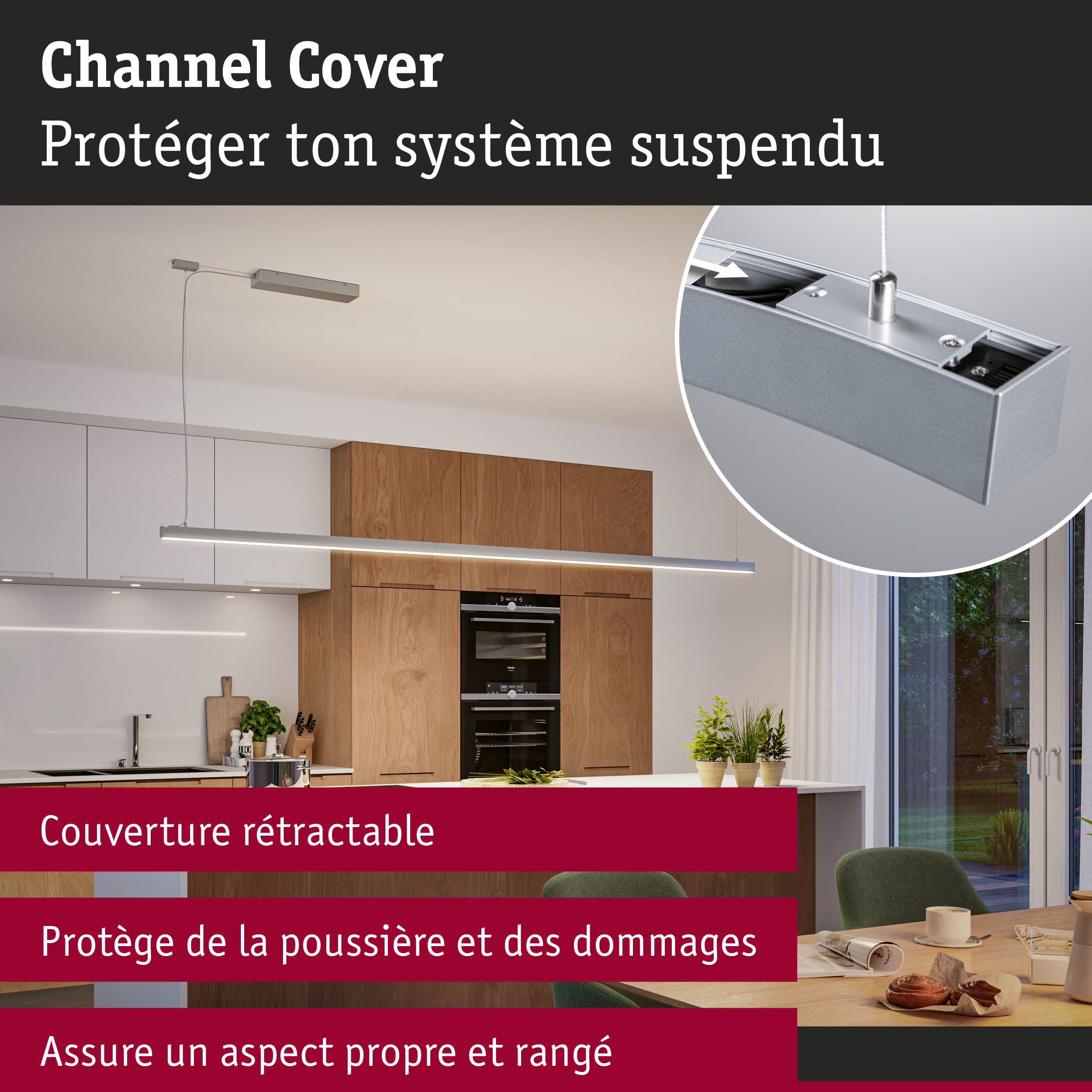 Suspension LED argentée moderne dans cuisine avec placards en bois et cache-câble pour un aspect soigné