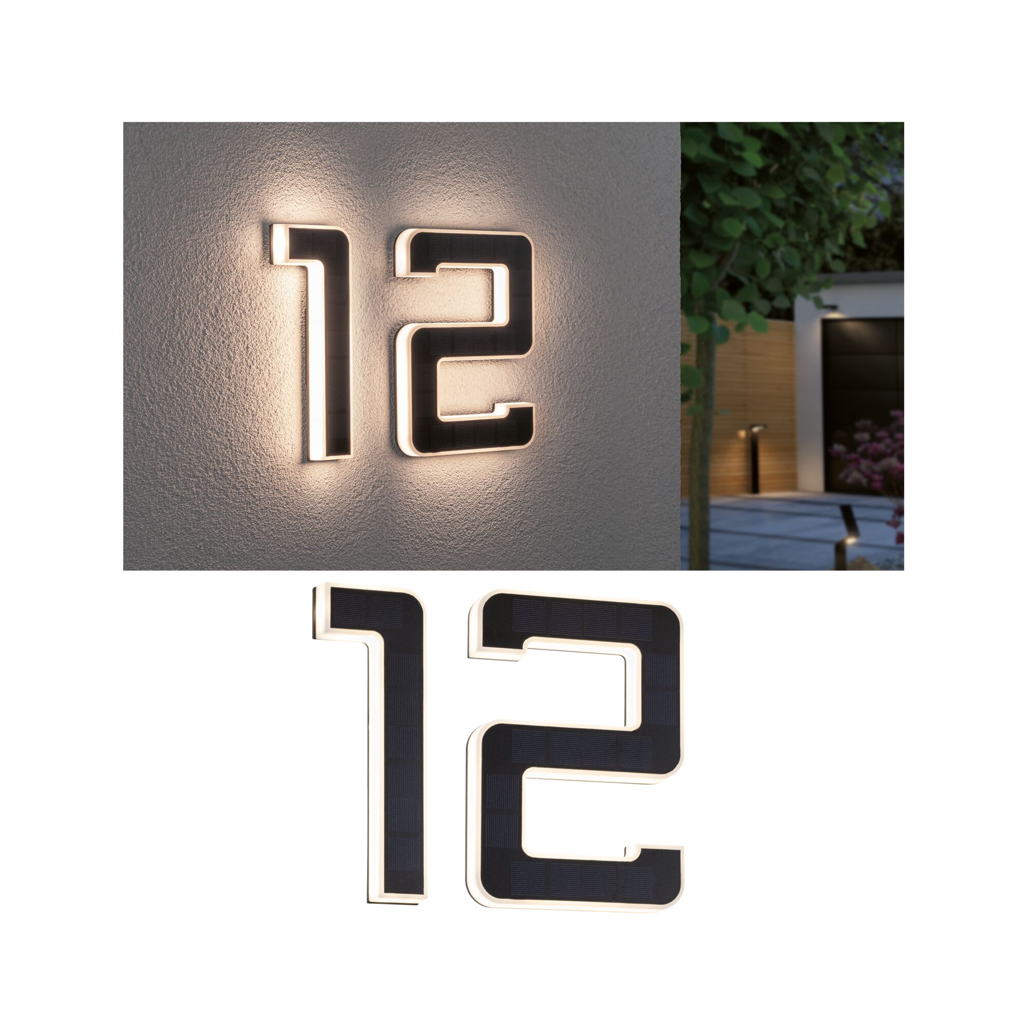 Set Solar LED House number luminaire incl. changeable battery 3000K 2x6lm 2x0,2W Black Modern house number 12 with black solar panels and warm white LED lighting for outdoor use.