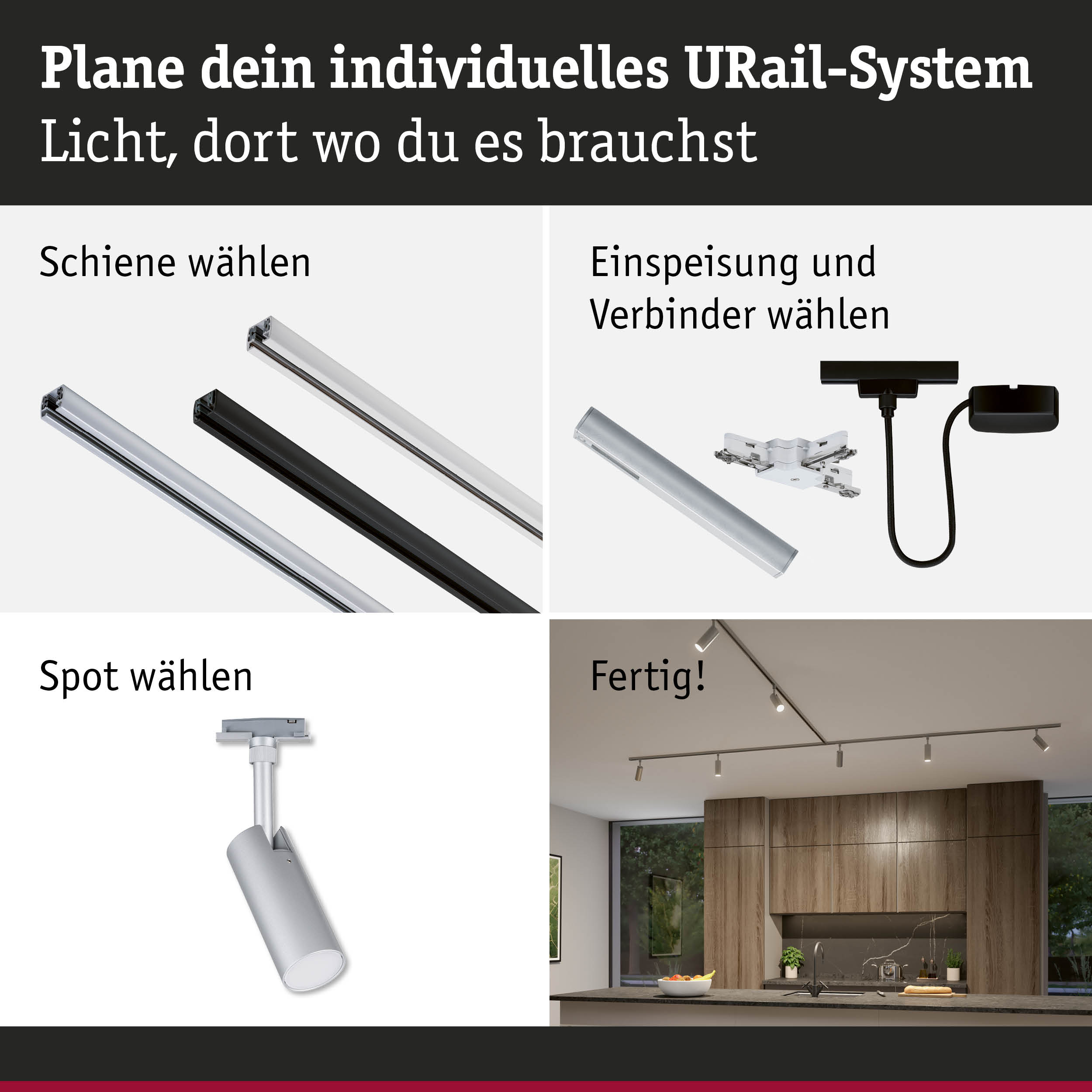 Modulares URail-Schienensystem mit weißen und schwarzen Schienen, Steckern und Spots für flexible Beleuchtung