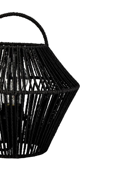 Black hanging lamp with woven design and visible bulb, ideal for modern interior lighting
