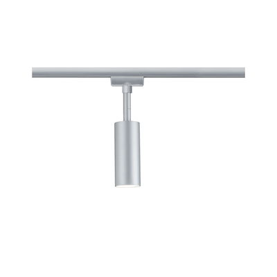 Moderner silberner LED-Spot aus Metall an Schienensystem für flexible Beleuchtung