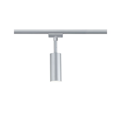 Moderner silberner LED-Strahler aus Metall an Schienensystem für flexible Beleuchtung