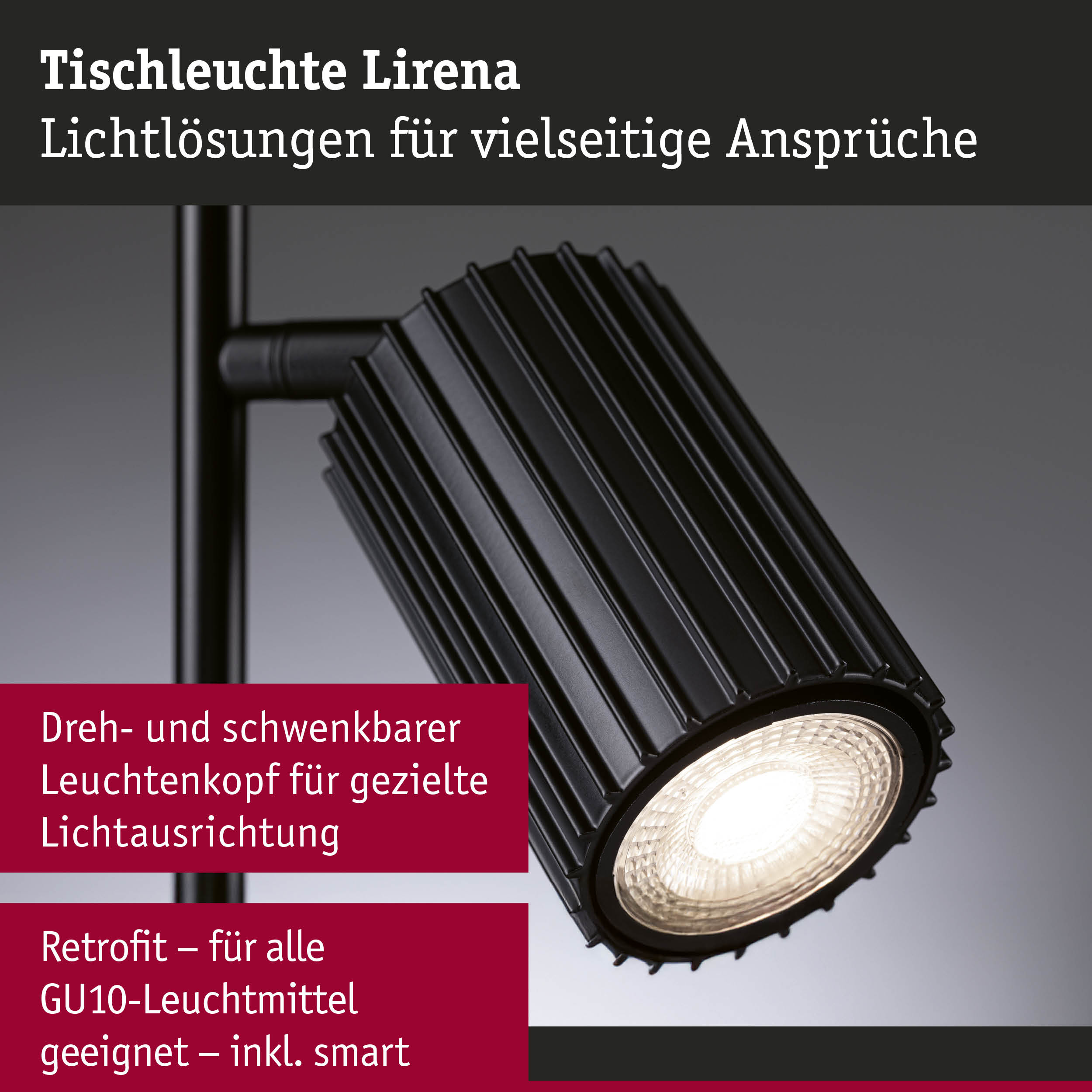 Schwarze Tischleuchte Lirena mit geriffeltem Metallgehäuse und drehbarem GU10-Leuchtenkopf für gezielte Beleuchtung