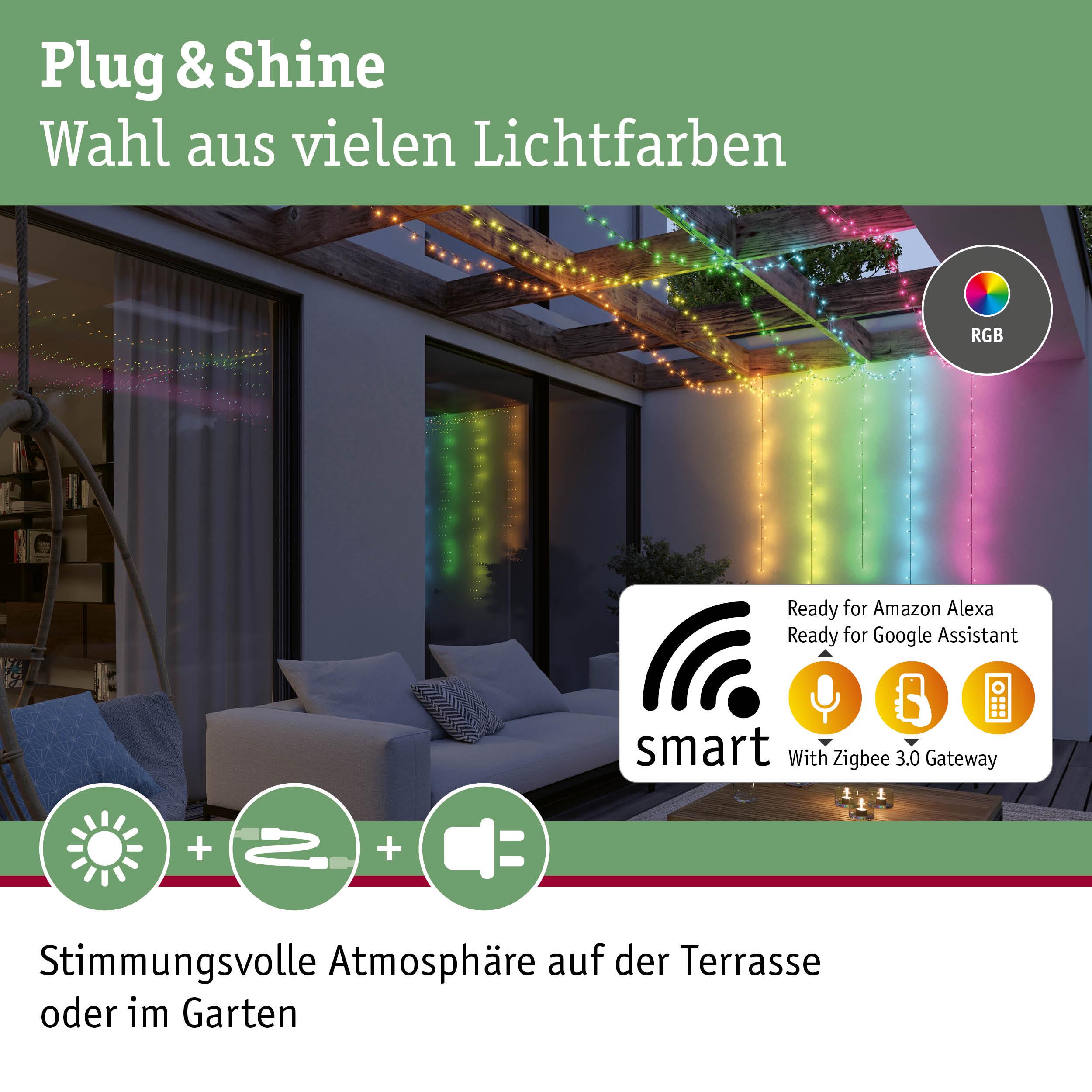 Bunte RGB-Lichterkette an Terrasse mit smart Steuerung für Alexa und Google Assistant, stimmungsvolle Gartenbeleuchtung