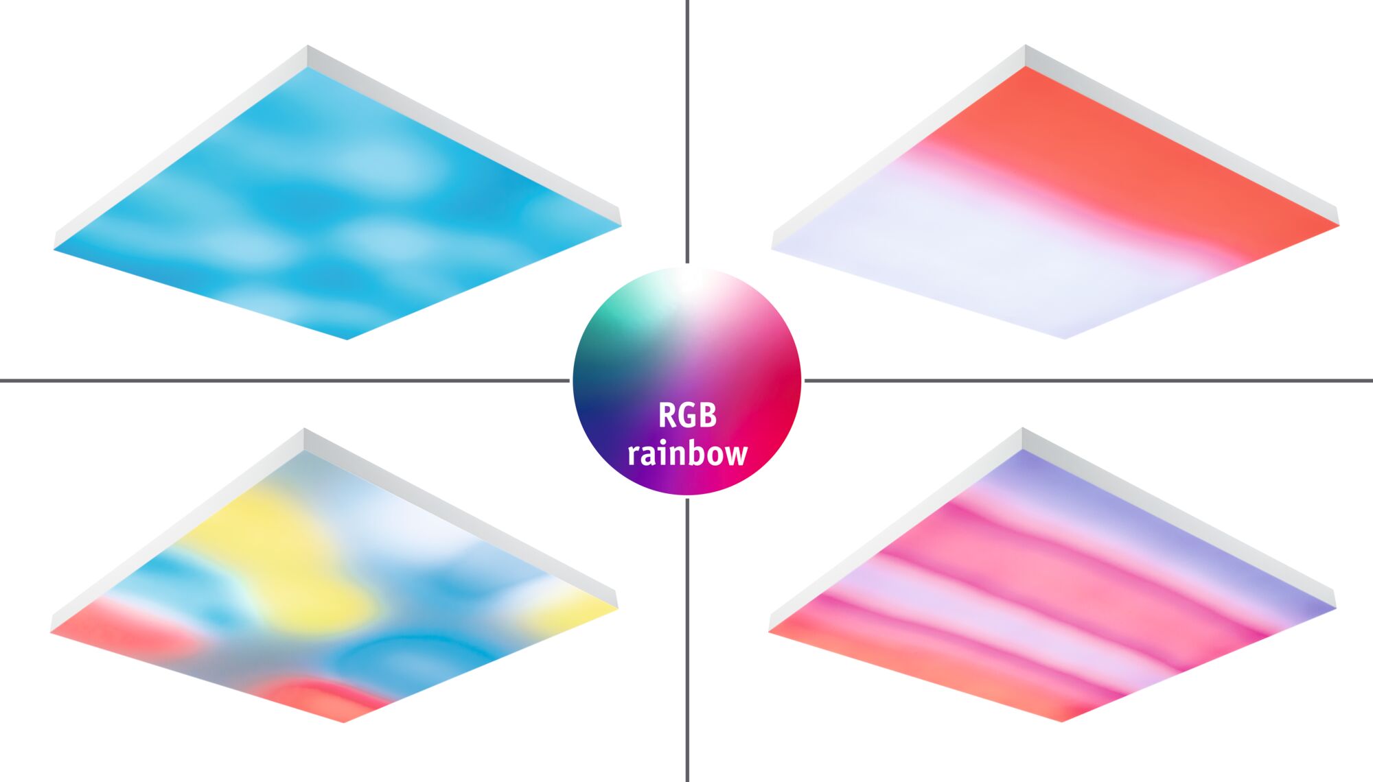Vier weiße LED-Panels mit RGB-Regenbogenfarben in verschiedenen Mustern für stimmungsvolle Raumbeleuchtung