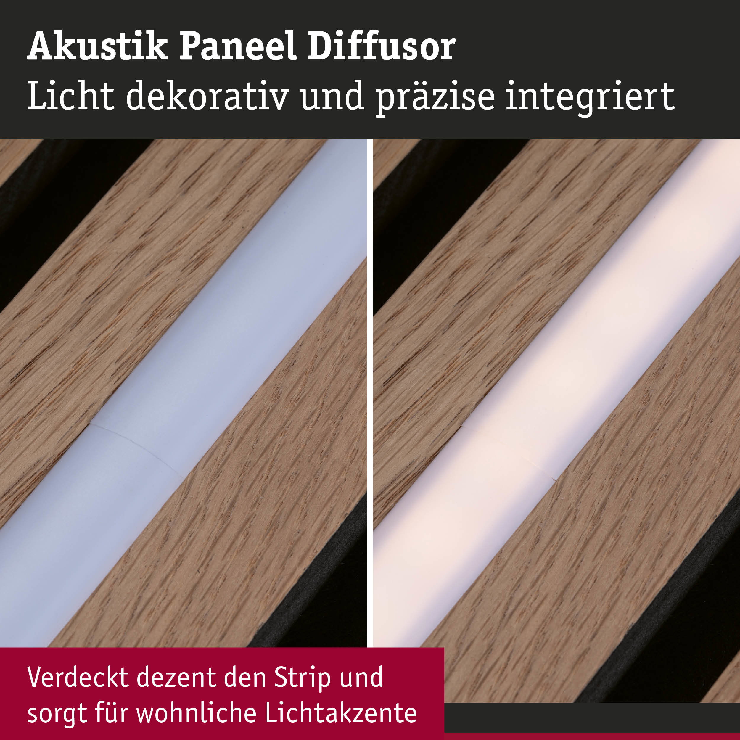 Akustik Paneel Diffusor aus Holz mit integriertem Licht für wohnliche Lichtakzente und Raumakustik