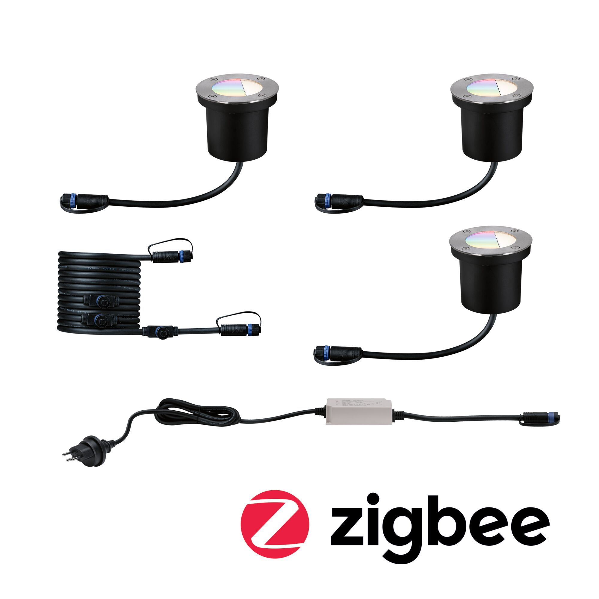 Plug & Shine LED Bodeneinbauleuchte Smart Home Zigbee 3.0 RGBW CH Basisset IP67 RGBW+ 3x3,7W Silber Set mit drei schwarzen LED-Bodeneinbauleuchten aus Metall mit Kabel und Netzteil für Zigbee Steuerung