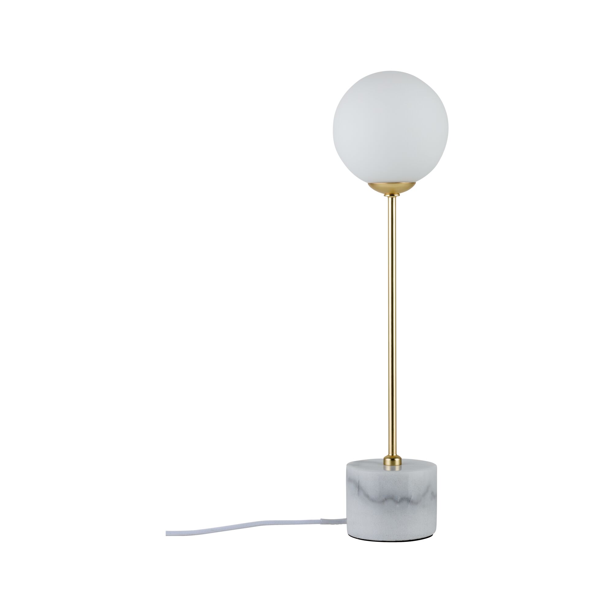 Moderne Tischlampe mit weißem Glaskugel-Schirm, goldfarbenem Metallstab und grauem Marmorfuß