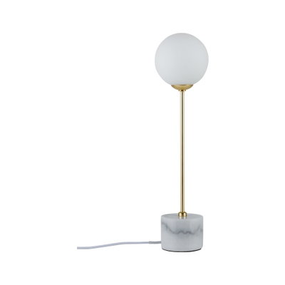 Modern table lamp with white glass globe shade, gold metal rod, and gray marble base for interior lighting