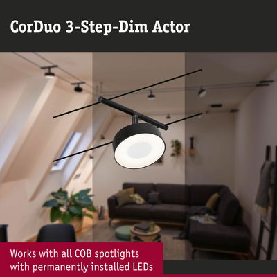 Black CorDuo 3-Step-Dim Actor LED ceiling light with dimmable function in a modern living room setting