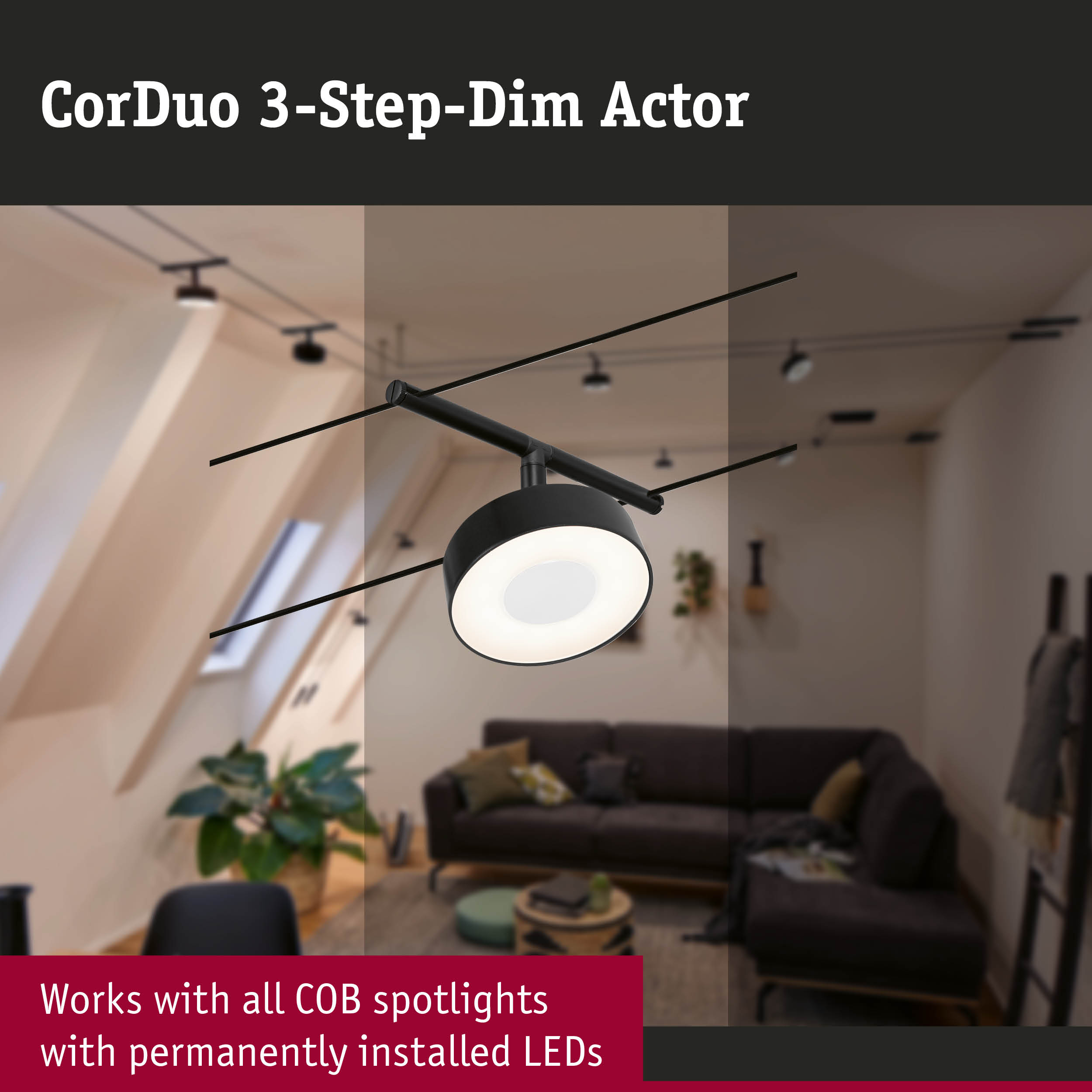 Black CorDuo 3-Step-Dim Actor LED light with dimmable feature in a modern living room