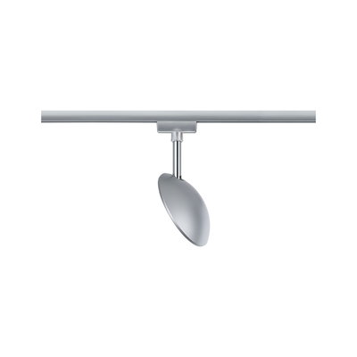 Moderner silberner LED-Strahler aus Metall an Schienensystem für flexible Raumbeleuchtung