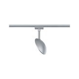 Moderner silberner LED-Strahler aus Metall an Schienensystem für flexible Raumbeleuchtung