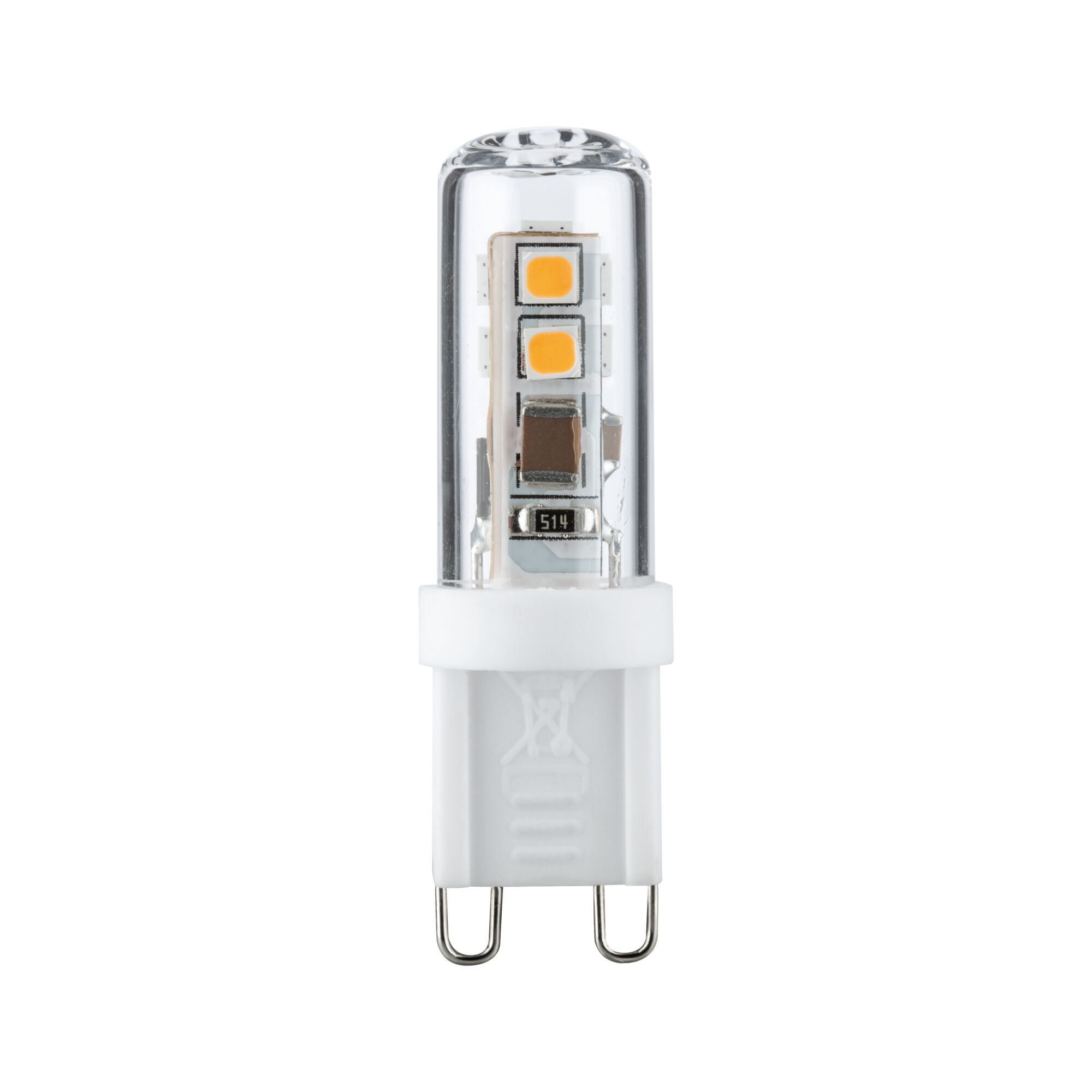 Small G9 LED bulb with clear glass and white plastic base for energy-efficient lighting
