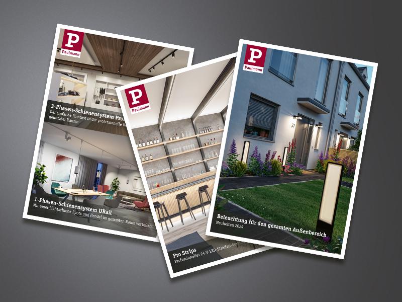 Drei Broschüren mit moderner LED-Beleuchtung für Innen- und Außenbereiche von Paulmann 2024.