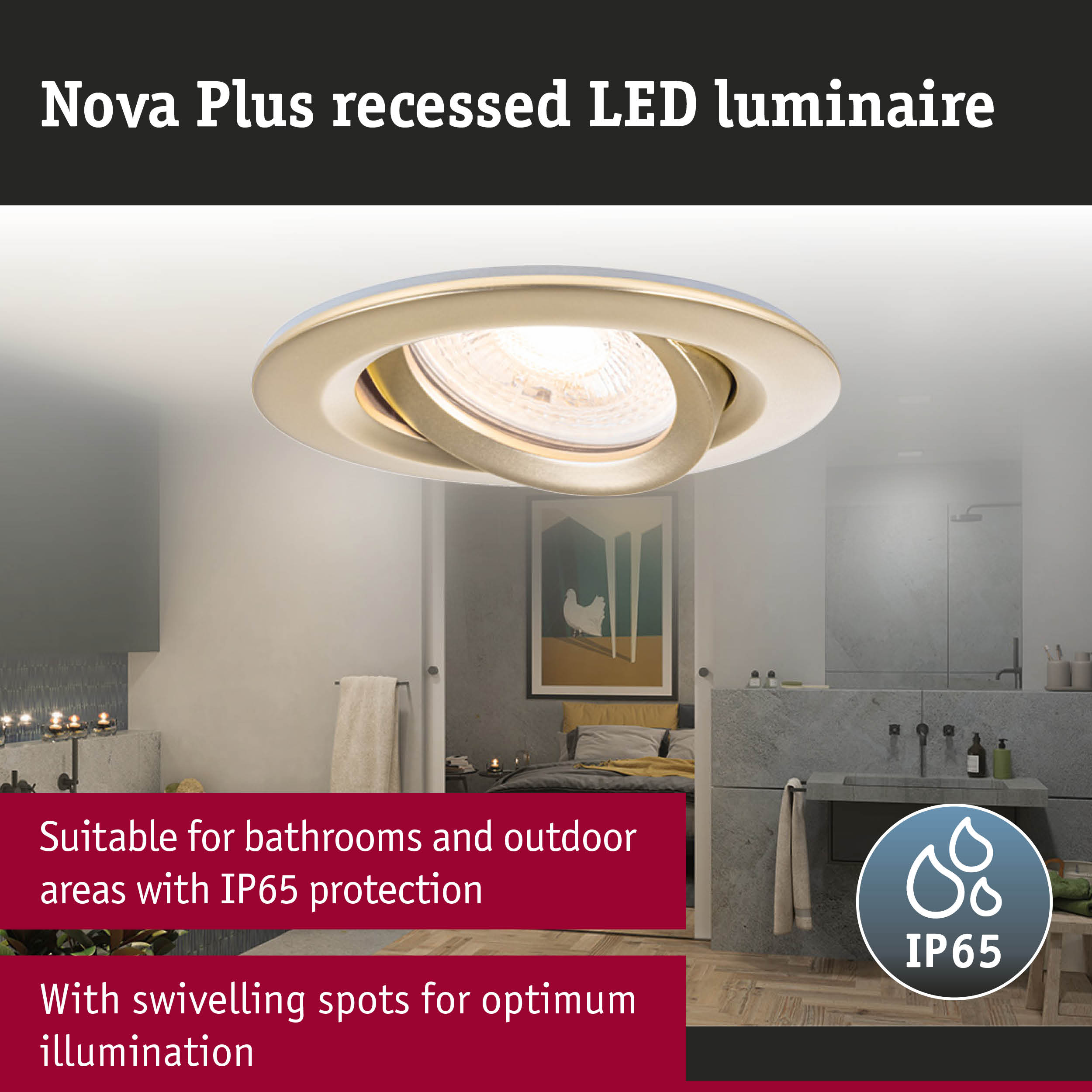Nova Plus gold recessed LED spotlight with IP65 protection for bathrooms and outdoor use