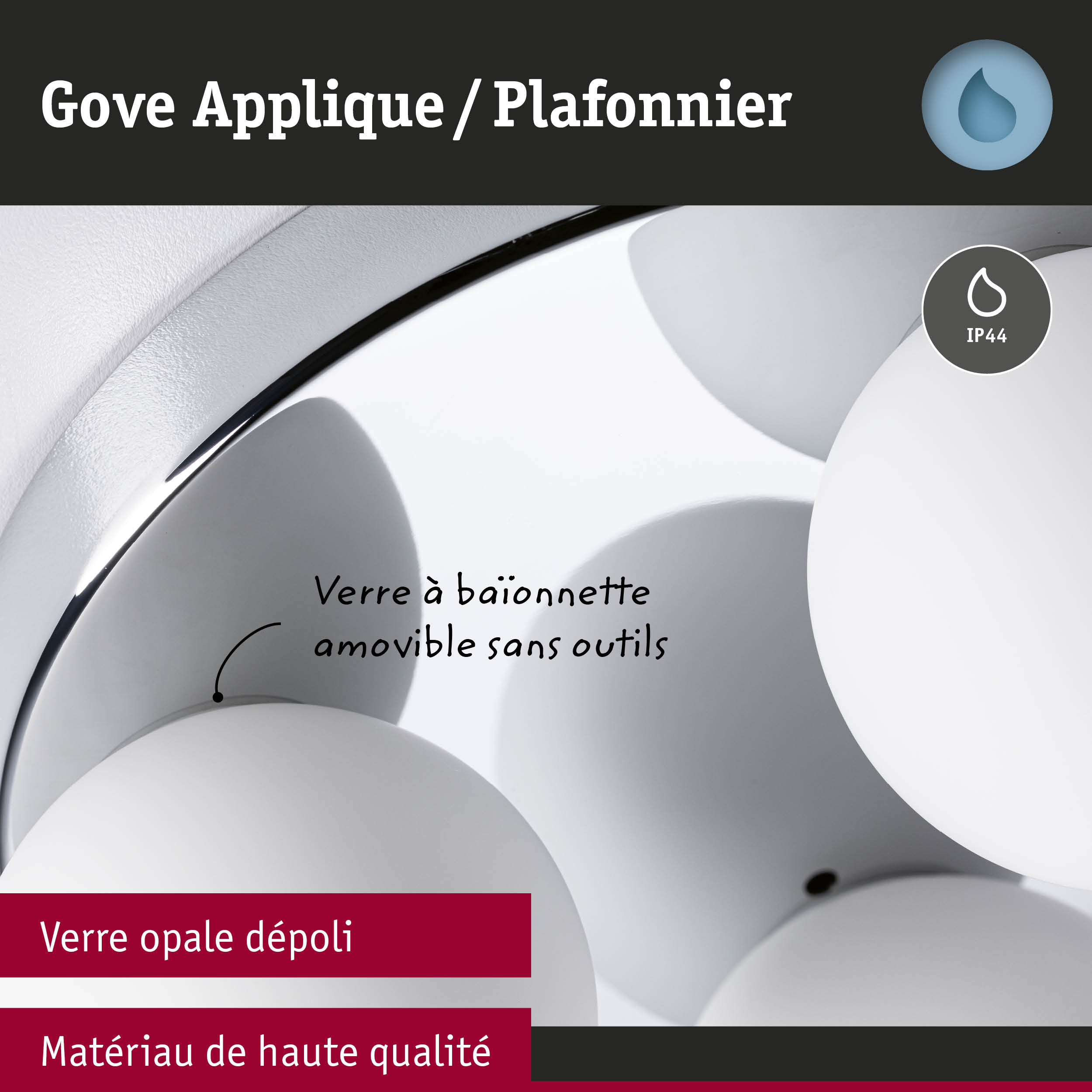 Plafonnier blanc Gove en verre opale dépoli avec protection IP44 pour pièces humides