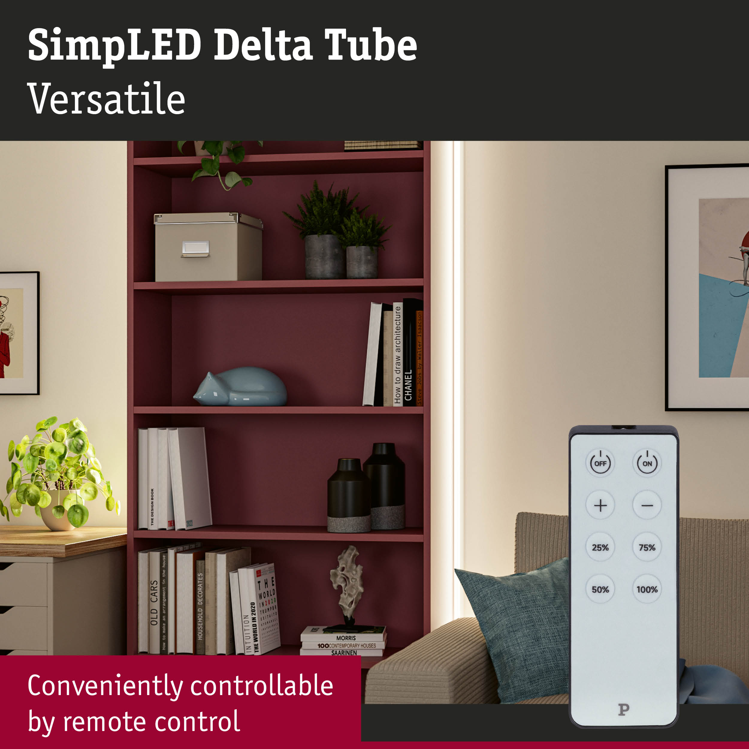 Remote control for SimpLED Delta Tube LED light with dimming and easy operation