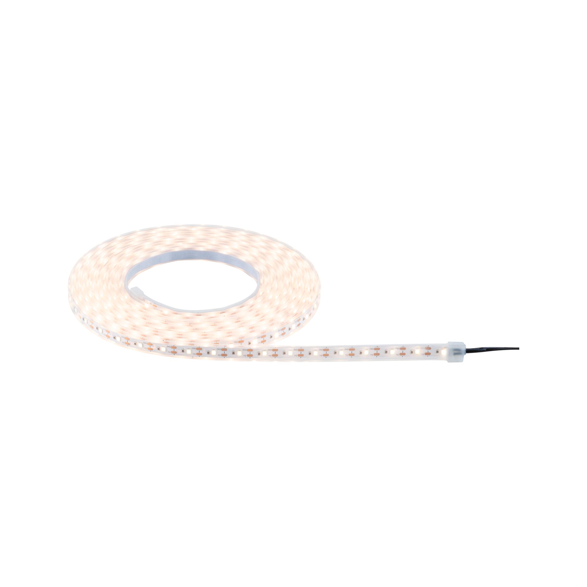 Flexible warm white LED strip with transparent coating for versatile lighting applications.