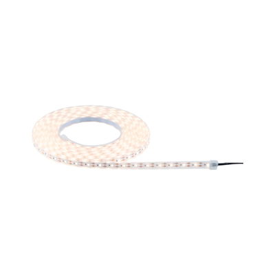 Flexible warm white LED strip with transparent coating for versatile lighting applications.