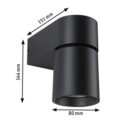 Schwarze Aluminium-Wandleuchte mit zylindrischem Design und Maßen 151x144x80 mm für moderne Innenbeleuchtung