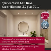 Spot encastré LED Nova avec réflecteur plat GU10, profondeur d'encastrement 55 mm, protection IP44