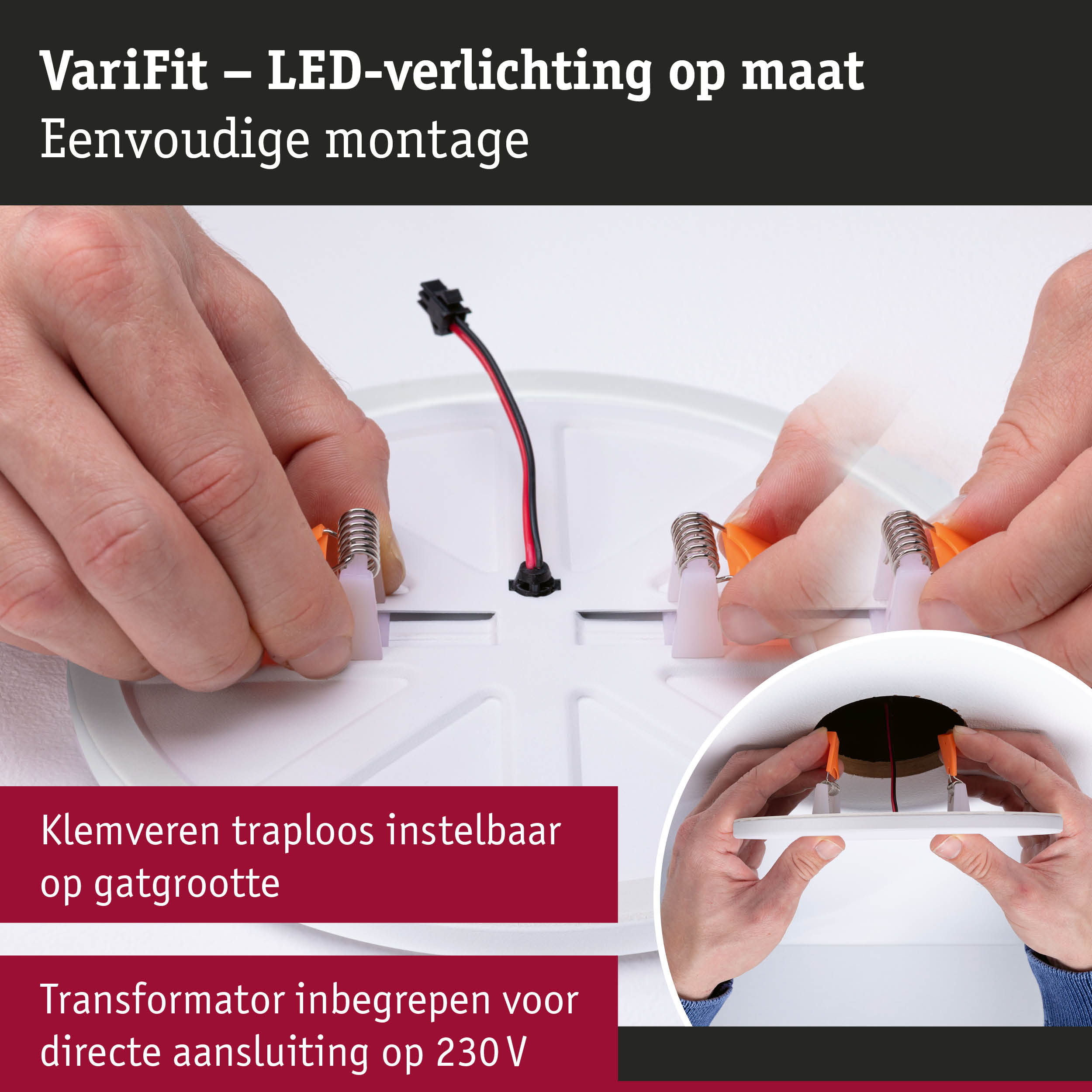 Witte LED inbouw plafondlamp met veerklemmen voor eenvoudige montage en 230V aansluiting