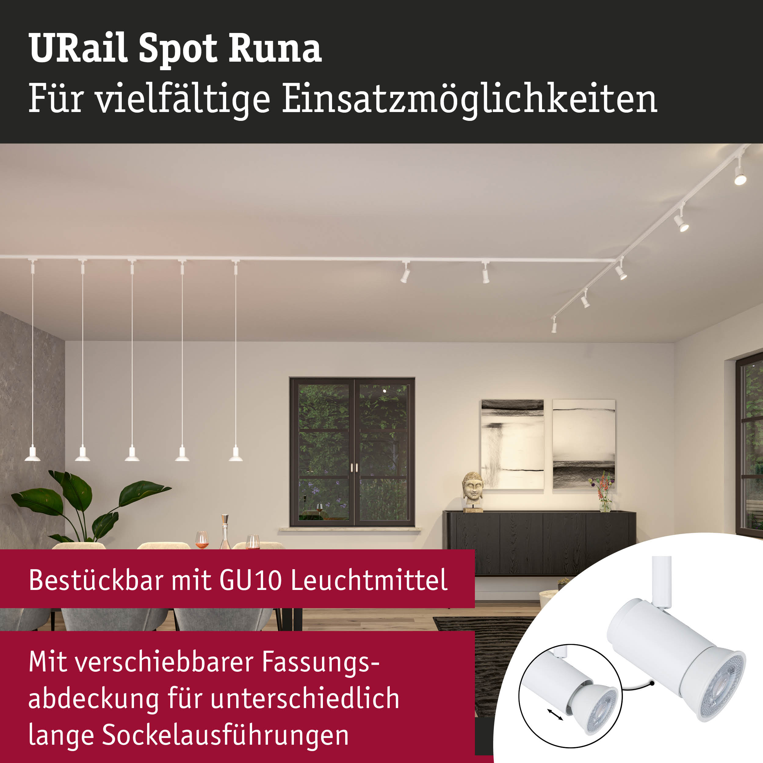 Weißer URail Spot Runa Strahler mit GU10 Leuchtmittel und verschiebbarer Fassung für flexible Beleuchtung